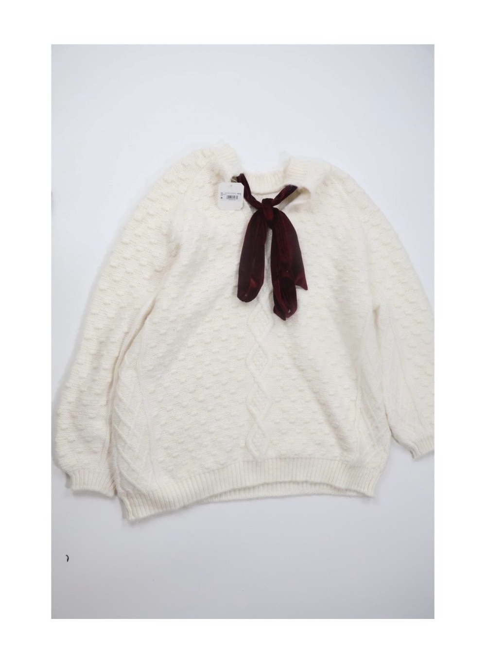 Altar'd State Cream Cable Knit Sweater with Burgundy Neck Tie